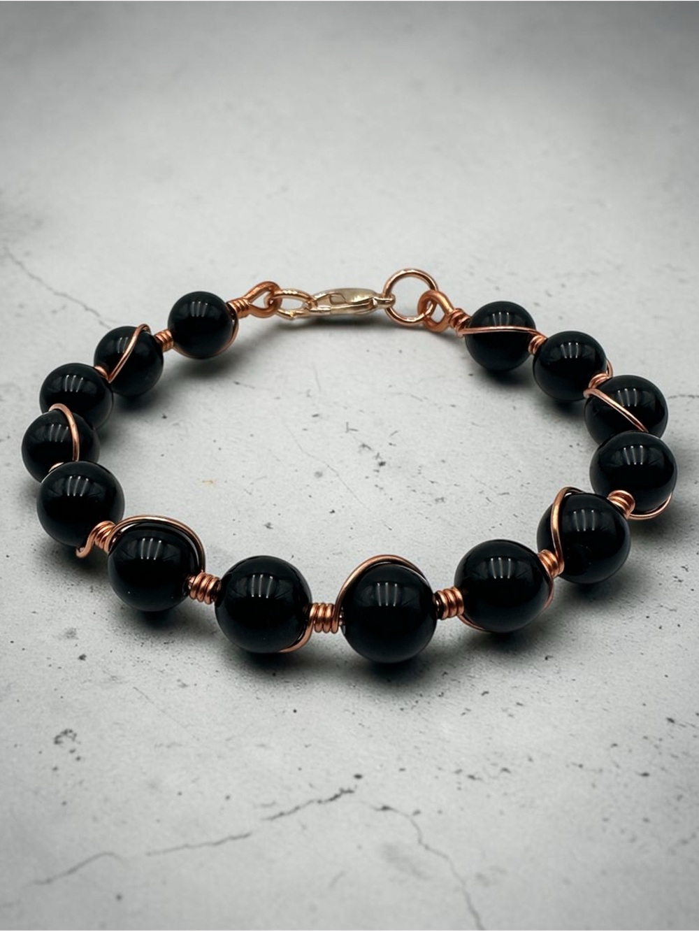 Black Beaded Bracelet with Copper Wire Wrap – Handmade Jewelry